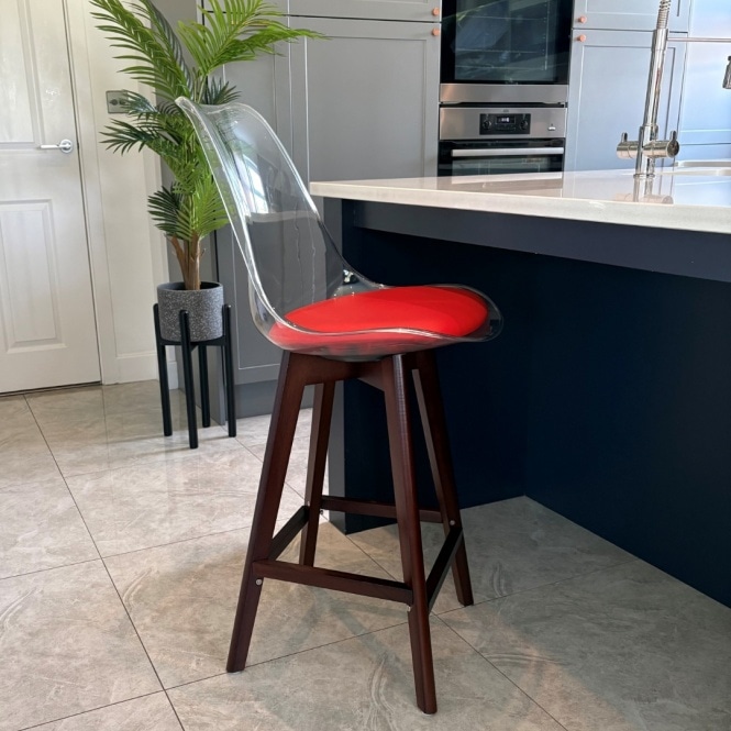 Fusion Living Soho Clear and Red Plastic Bar Stool with Dark Wood Legs