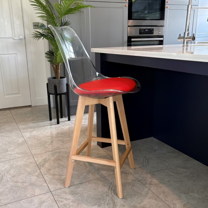 Fusion Living Soho Clear and Red Plastic Bar Stool with Light Wood Legs