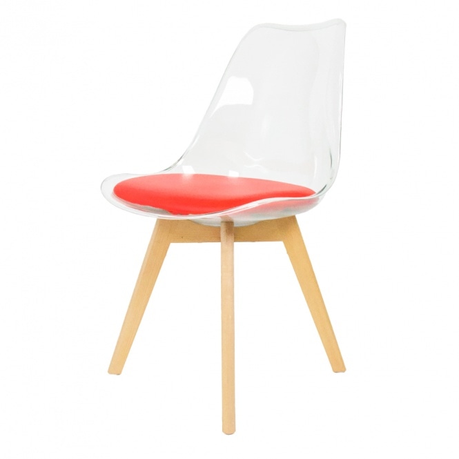 Fusion Living Soho Clear and Red Plastic Dining Chair with Squared Light Wood Legs