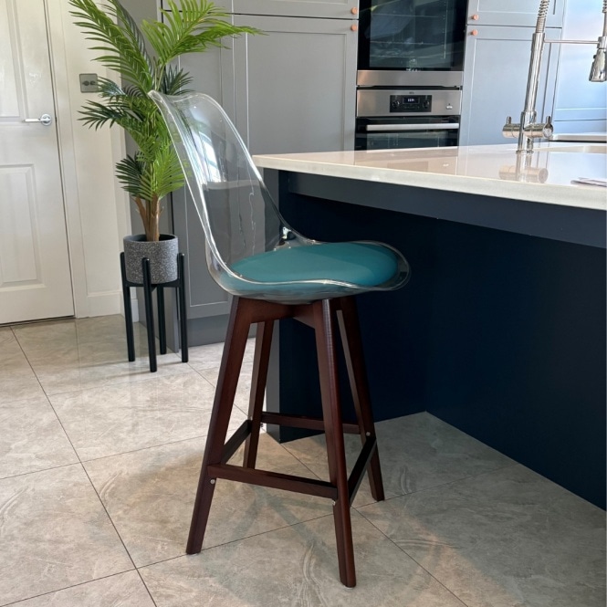 Fusion Living Soho Clear and Teal Plastic Bar Stool with Dark Wood Legs