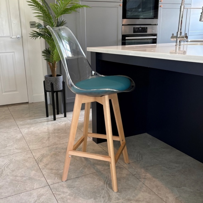 Fusion Living Soho Clear and Teal Plastic Bar Stool with Light Wood Legs