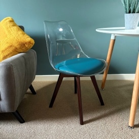 Fusion Living Soho Clear and Teal Plastic Dining Chair with Squared Dark Wood Legs
