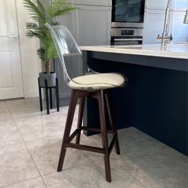 Soho Clear and Vanilla Plastic Bar Stool with Dark Wood Legs