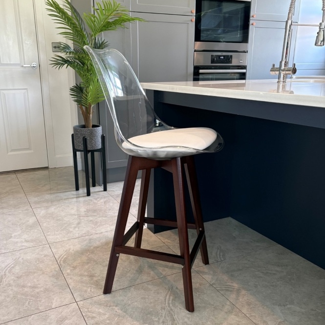 Fusion Living Soho Clear and White Plastic Bar Stool with Dark Wood Legs