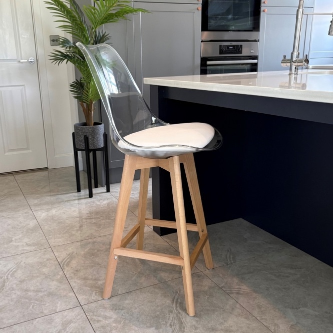 Fusion Living Soho Clear and White Plastic Bar Stool with Light Wood Legs