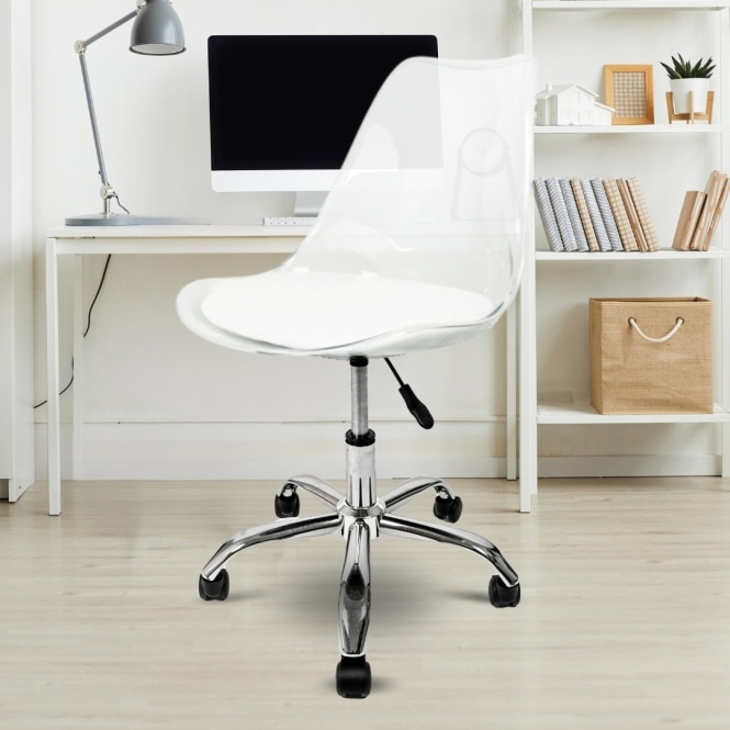 Fusion Living Soho Clear and White Plastic Desk Chair with Swivel Base