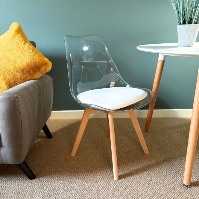 Fusion Living Soho Clear and White Plastic Dining Chair with Squared Light Wood Legs