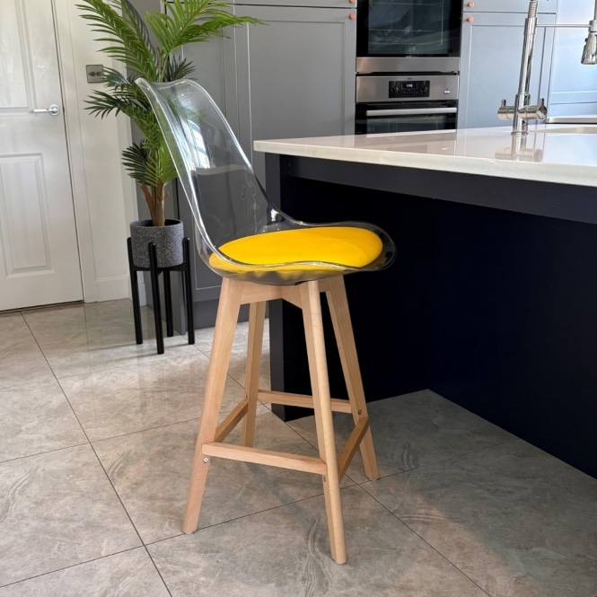 Fusion Living Soho Clear and Yellow Plastic Bar Stool with Light Wood Legs