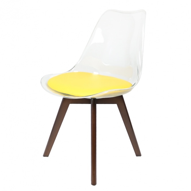 Fusion Living Soho Clear and Yellow Plastic Dining Chair with Squared Dark Wood Legs