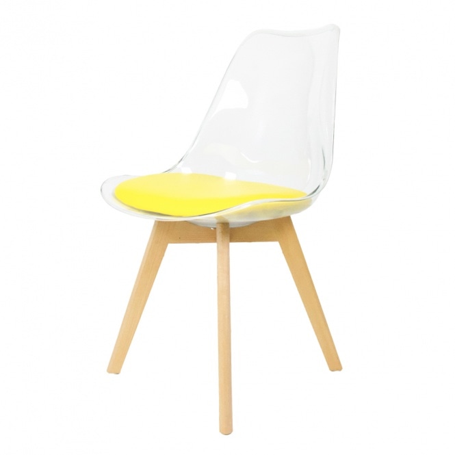 Fusion Living Soho Clear and Yellow Plastic Dining Chair with Squared Light Wood Legs