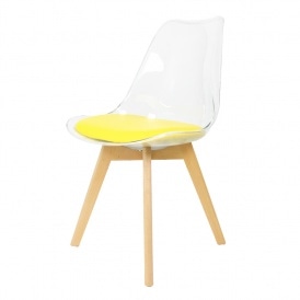 Soho Clear and Yellow Plastic Dining Chair with Squared Light Wood Legs