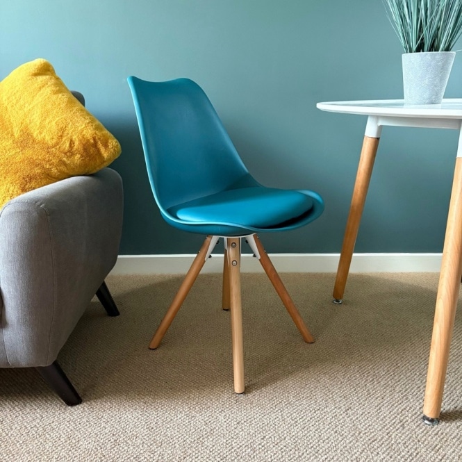 Fusion Living Soho Teal Plastic Dining Chair with Pyramid Light Wood Legs