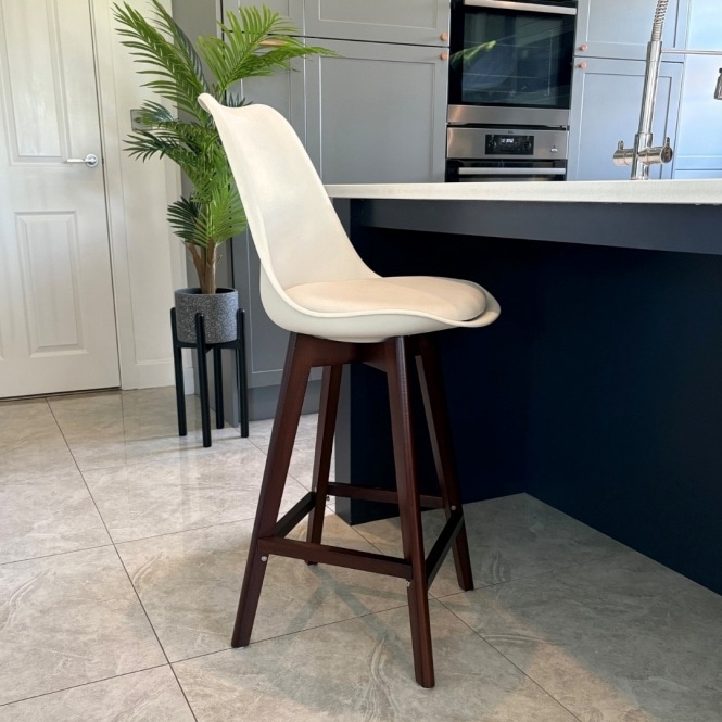 Fusion Living Soho Vanilla Plastic Bar Stool with Dark Wood Legs