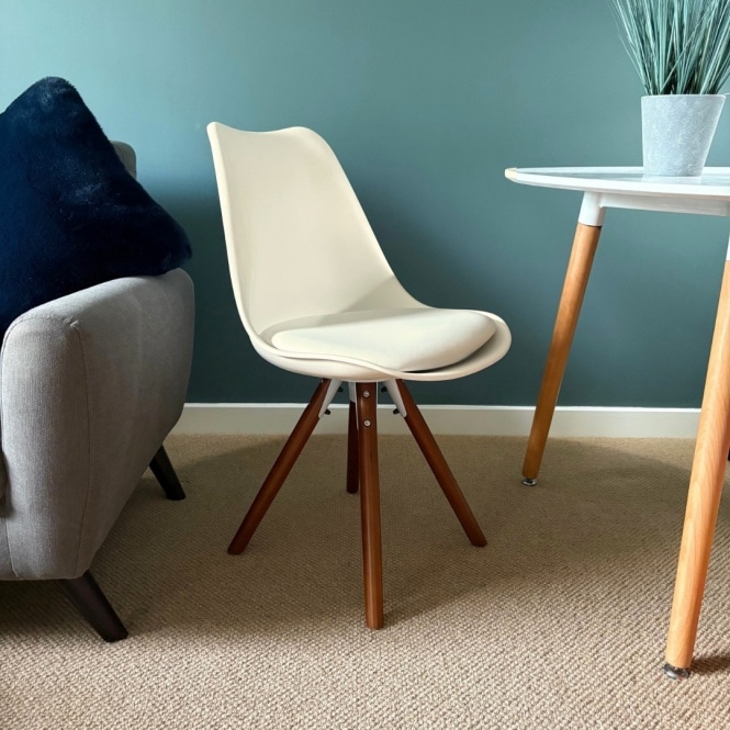 Fusion Living Soho Vanilla Plastic Dining Chair with Pyramid Dark Wood Legs