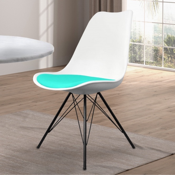 Fusion Living Soho White and Aqua Blue Dining Chair with Black Metal Legs
