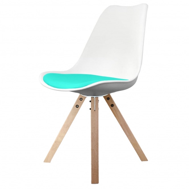 Fusion Living Soho White And Aqua Blue Plastic Dining Chair with Light Square Pyramid Legs