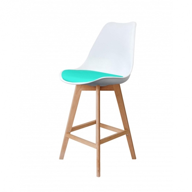 Fusion Living Soho White and Aqua Plastic Bar Stool with Light Wood Legs