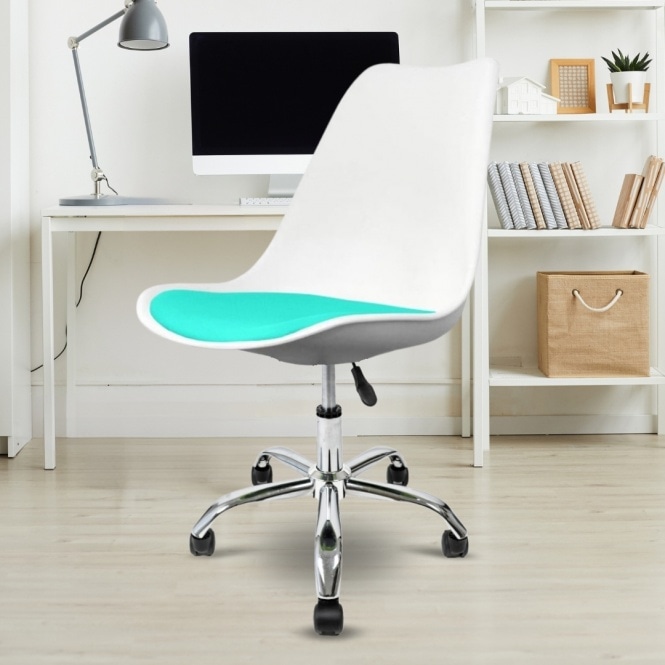 Fusion Living Soho White and Aqua Plastic Desk Chair with Swivel Base