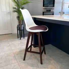 Soho White and Aubergine Plastic Bar Stool with Dark Wood Legs