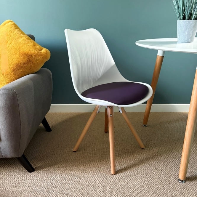 Fusion Living Soho White and Aubergine Purple Plastic Dining Chair with Pyramid Light Wood Legs