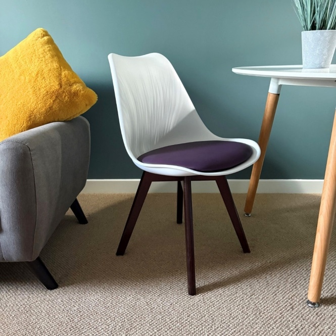 Fusion Living Soho White and Aubergine Purple Plastic Dining Chair with Squared Dark Wood Legs