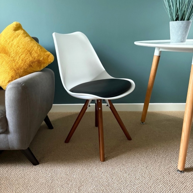 Fusion Living Soho White and Black Dining Chair with Pyramid Dark Wood Legs