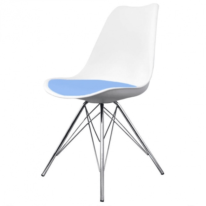 Fusion Living Soho White and Blue Dining Chair with Chrome Metal Legs