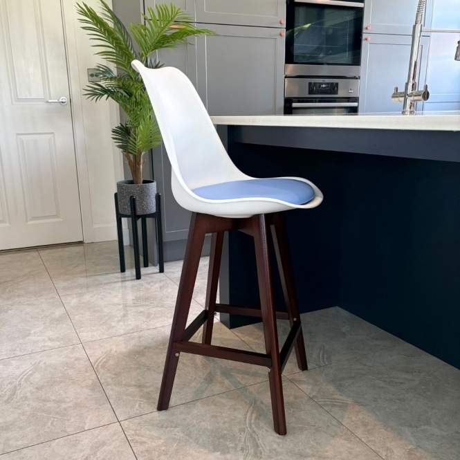 Fusion Living Soho White and Blue Plastic Bar Stool with Dark Wood Legs