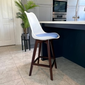 Soho White and Blue Plastic Bar Stool with Dark Wood Legs