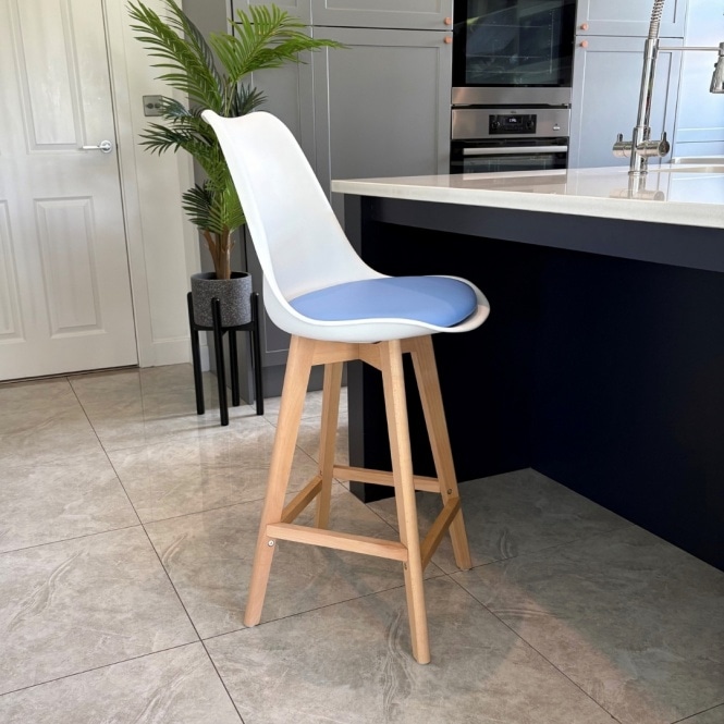 Fusion Living Soho White and Blue Plastic Bar Stool with Light Wood Legs