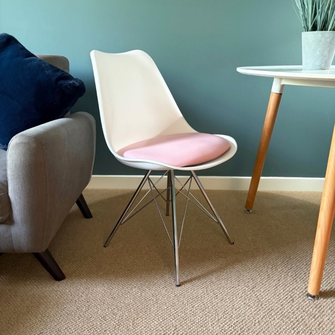 Fusion Living Soho White and Blush Pink Dining Chair with Chrome Metal Legs