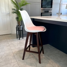 Soho White and Blush Pink Plastic Bar Stool with Dark Wood Legs