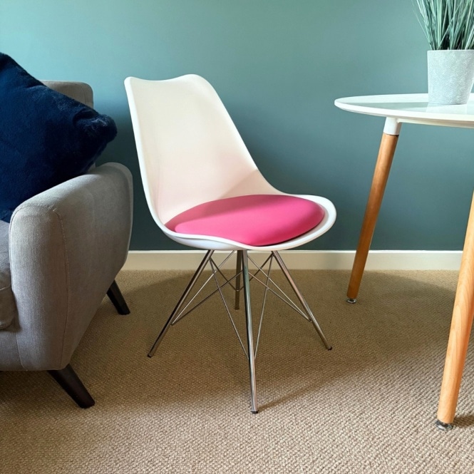 Fusion Living Soho White and Bright Pink Dining Chair with Chrome Metal Legs