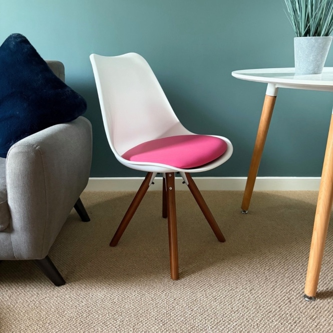 Fusion Living Soho White and Bright Pink Dining Chair with Pyramid Dark Wood Legs
