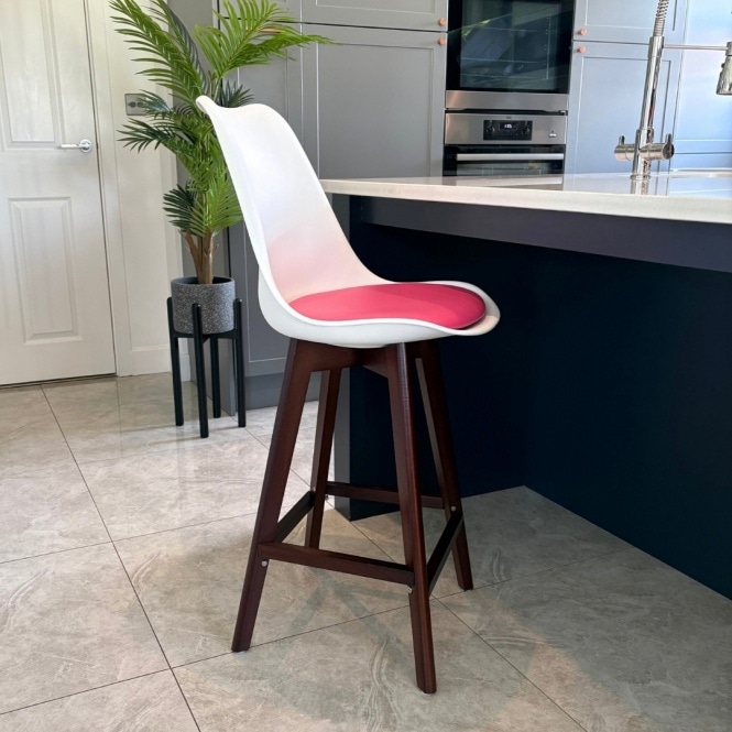 Fusion Living Soho White and Bright Pink Plastic Bar Stool with Dark Wood Legs