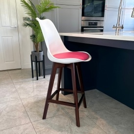 Soho White and Bright Pink Plastic Bar Stool with Dark Wood Legs