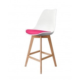 Soho White and Bright Pink Plastic Bar Stool with Light Wood Legs
