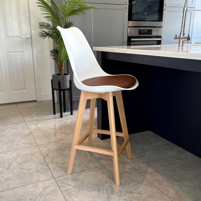 Fusion Living Soho White and Chocolate Brown Plastic Bar Stool with Light Wood Legs