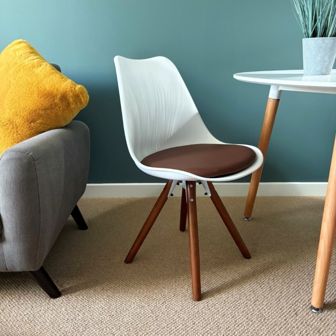 Fusion Living Soho White and Chocolate Brown Plastic Dining Chair with Pyramid Dark Wood Legs