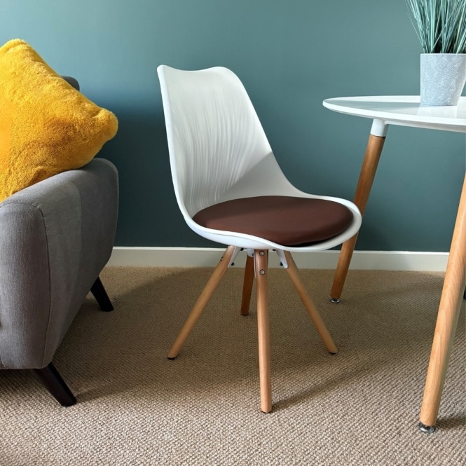 Fusion Living Soho White and Chocolate Brown Plastic Dining Chair with Pyramid Light Wood Legs