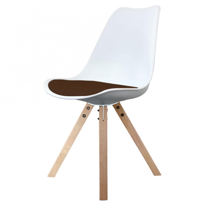 Fusion Living Soho White and Chocolate Brown Plastic Dining Chair with Square Pyramid Light Wood Legs