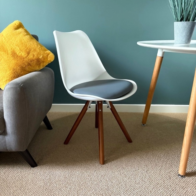 Fusion Living Soho White and Dark Grey Dining Chair with Pyramid Dark Wood Legs