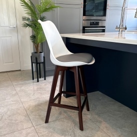 Soho White and Dark Grey Plastic Bar Stool with Dark Wood Legs