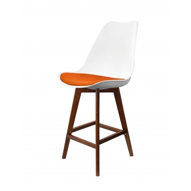 Fusion Living Soho White and Orange Plastic Bar Stool with Dark Wood Legs