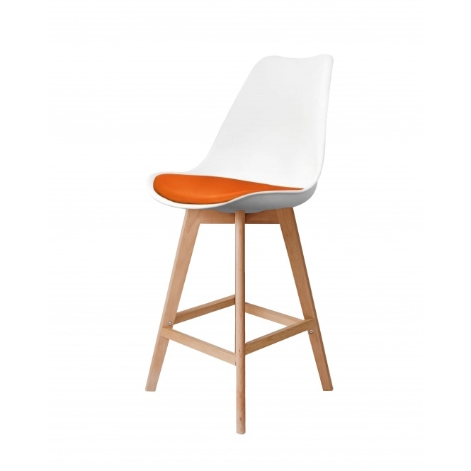 Fusion Living Soho White and Orange Plastic Bar Stool with Light Wood Legs