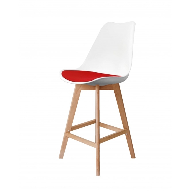 Fusion Living Soho White and Red Plastic Bar Stool with Light Wood Legs