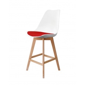 Soho White and Red Plastic Bar Stool with Light Wood Legs