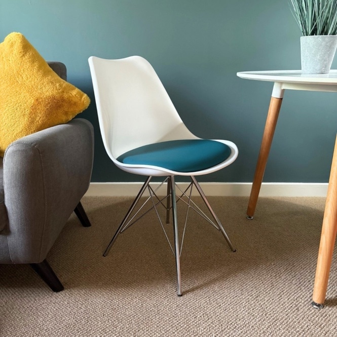 Fusion Living Soho White and Teal Dining Chair with Chrome Metal Legs