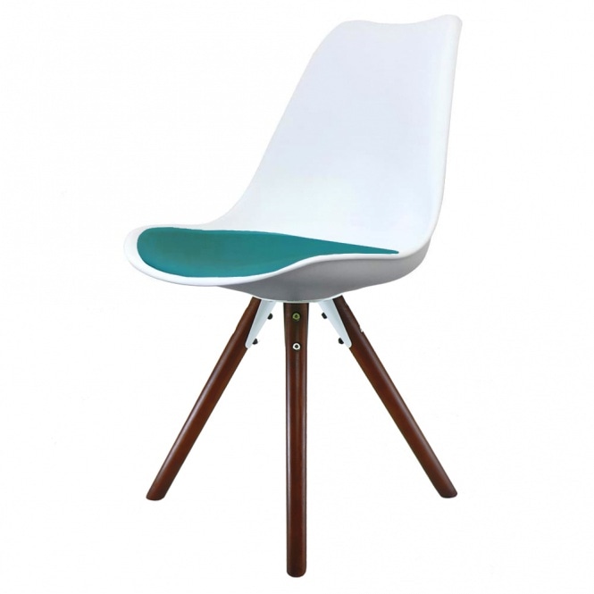 Fusion Living Soho White and Teal Dining Chair with Pyramid Dark Wood Legs