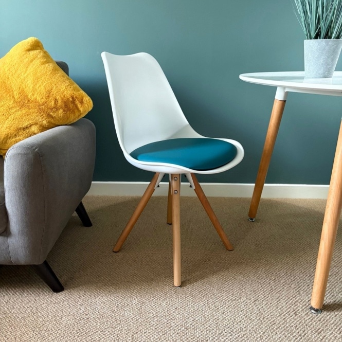 Fusion Living Soho White and Teal Dining Chair with Pyramid Light Wood Legs